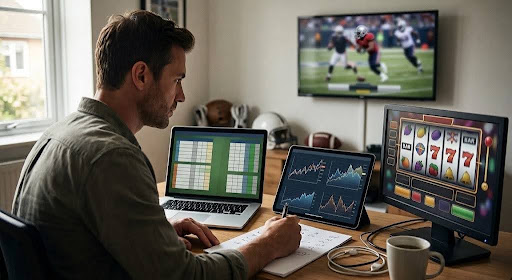 man-at-desk-with-multiple-devices-and-notepad